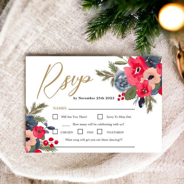 Cartons Réponse Rustique Elégant hiver Floral Mariage (Rustic Elegant Winter Floral Watercolor Wedding RSVP Card)