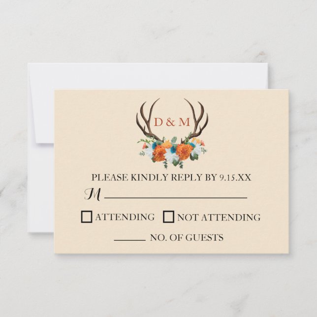 Cartons Réponse Rustique Floral Antlers BOHO Mariage (Devant)