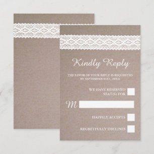 Cartons Réponse Rustique Kraft et Vintage Mariage en dentelle blan
