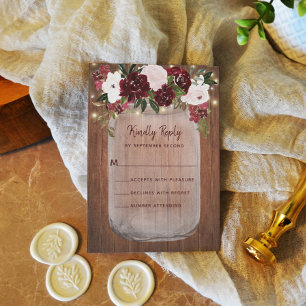 Cartons Réponse Rustique Mason Jar Burgundy Blush Floral Mariage