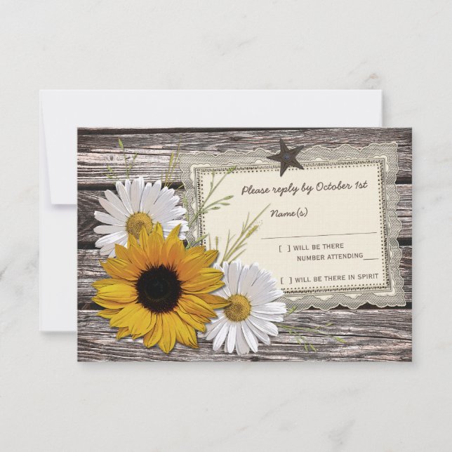 Cartons Réponse Rustique Sunflower Daisy Mariage de dentelle Répon (Devant)