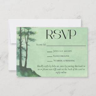Cartons Réponse Rustique vert aquarelle Pine Trees QR Code Mariage
