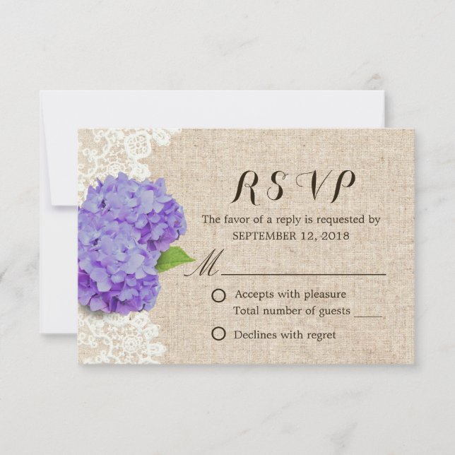 Cartons Réponse Rustique Violet Hydrangea dentelle & Burlap Weddin (Devant)