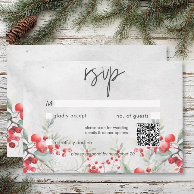 Cartons Réponse Rustique Winter Holly & Pine Mariage QR Code (Rustic Winter Holly & Pine Wedding QR Code RSVP Card)
