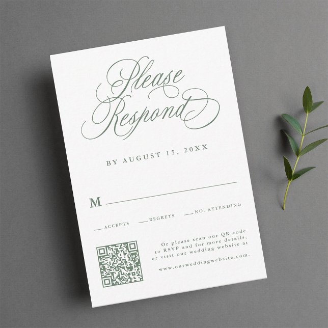 Cartons Réponse Sage Green Calligraphie romantique Mariage QR Code (Créateur téléchargé)