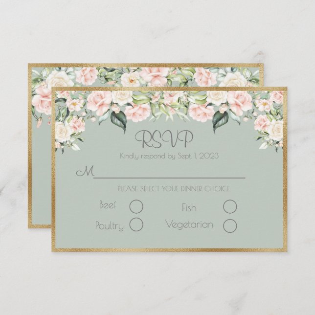 Cartons Réponse Sage Green Floral Élégant Script Wedding (Devant / Derrière)