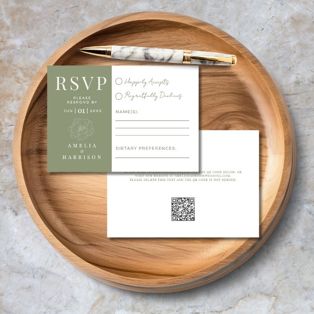 Cartons Réponse Sage Green Floral Mariage élégant (Sage Green Floral Elegant Wedding  RSVP Card with Dietary Preferences, QR Code, Wedding Website.)