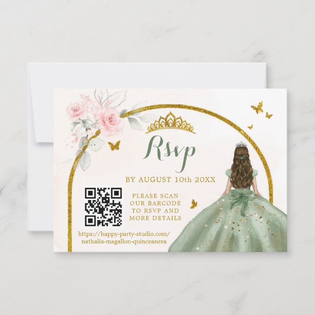 Cartons Réponse Sage Green Gold Princess Butterfly Mis Quince QR (Devant)