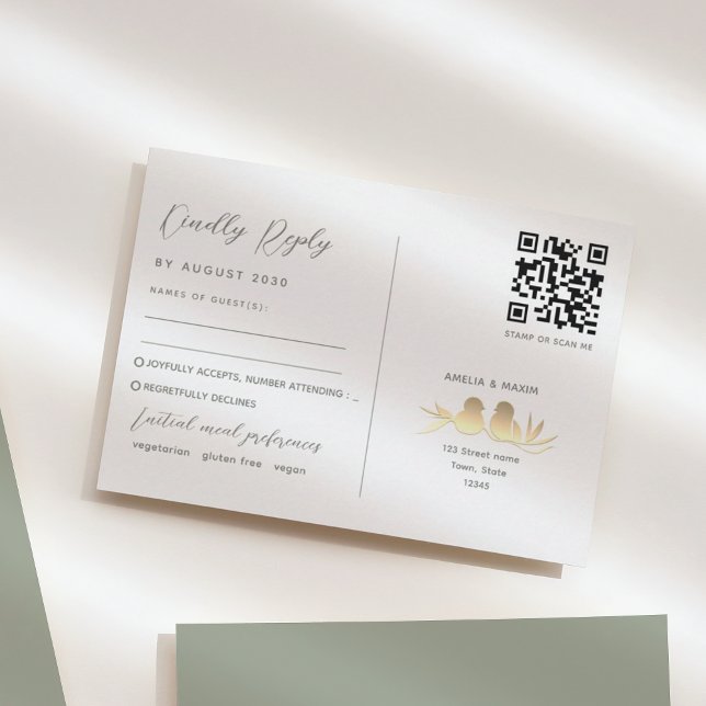 Cartons Réponse Sage Green Lovebirds Mariage QR (Créateur téléchargé)
