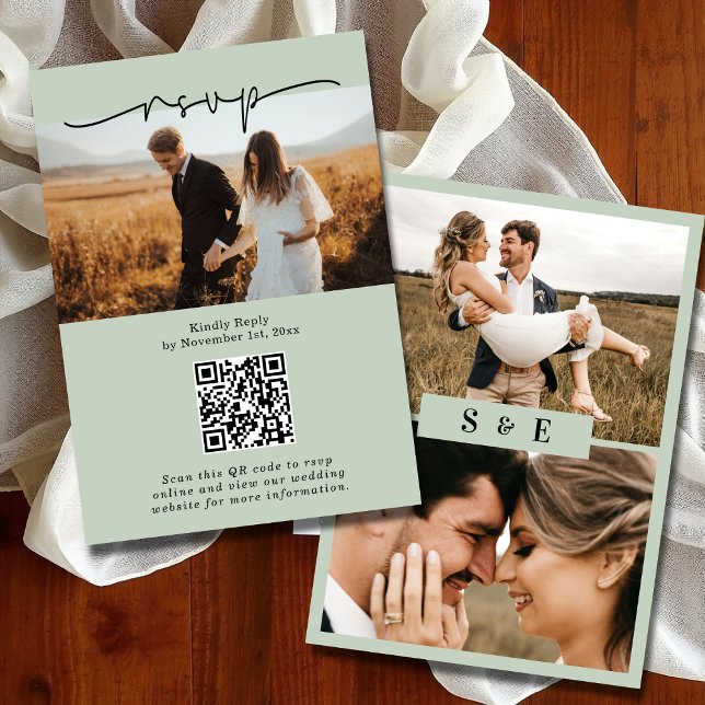 Cartons Réponse Sage Green Minimalist QR code Mariage photo (Créateur téléchargé)