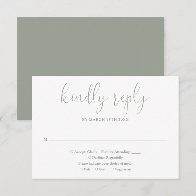 Cartons Réponse Sage Green Moderne Chic Élégant Mariage de script (Devant / Derrière)