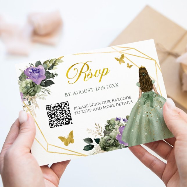 Cartons Réponse Sage Green Purple Princesse Quinceañera QR (Créateur téléchargé)