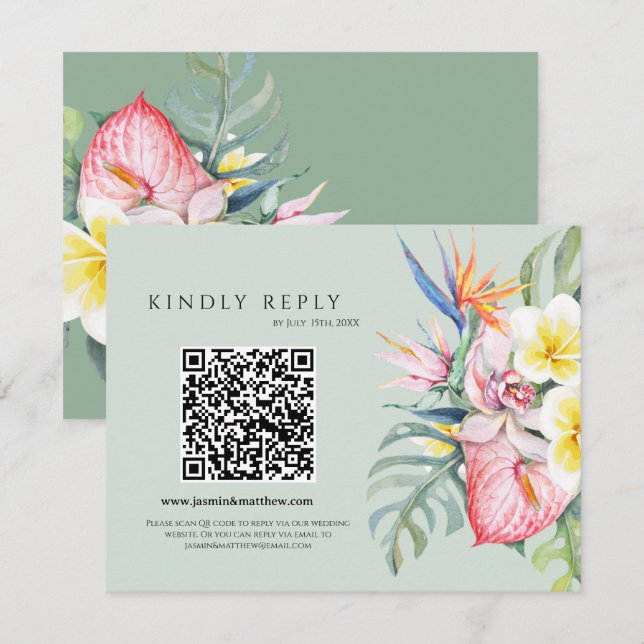 Cartons Réponse Sage Green Tropical Floral Hawaii QR Code Wedding (Devant / Derrière)