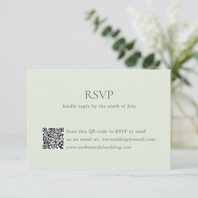 Cartons Réponse Sage moderne vert QR Code élégant mariage (Debout devant)