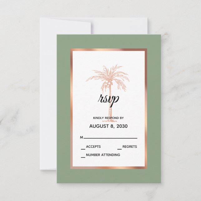 Cartons Réponse Sage Rose Gold Copper Palm Tree Beach Mariage (Devant)