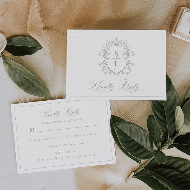 Cartons Réponse Sage Vert Élégant Blason Baroque Mariage Monogramm (Créateur téléchargé)