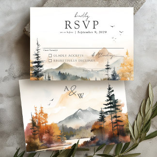 Cartons Réponse Scène de montagne d'arbre d'automne à l'aquarelle