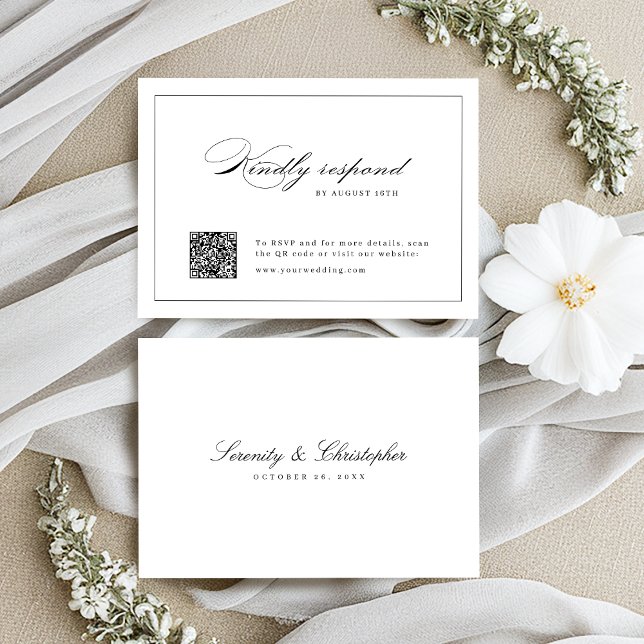 Cartons Réponse Script d'élégance classique mariage de code QR sim (Classic Elegance Script Simple QR code wedding RSVP Card)