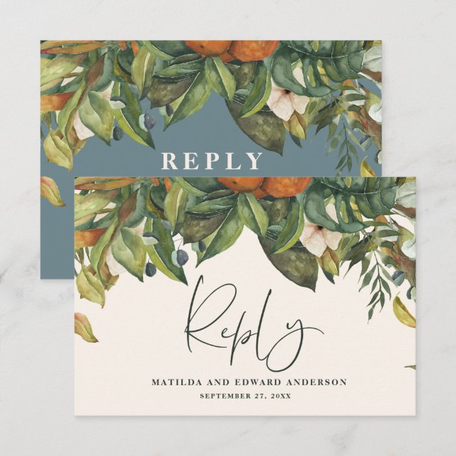 Cartons Réponse Script élégant mariage agrumes botanique moderne (Devant / Derrière)