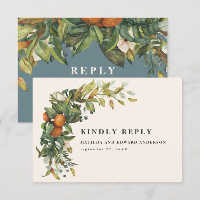 Cartons Réponse Script élégant mariage agrumes botanique moderne (Devant / Derrière)
