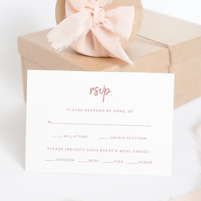 Cartons Réponse Script Rose blanc et poussiéreux | Choix de repas  (A modern white and dusty pink wedding rsvp card)