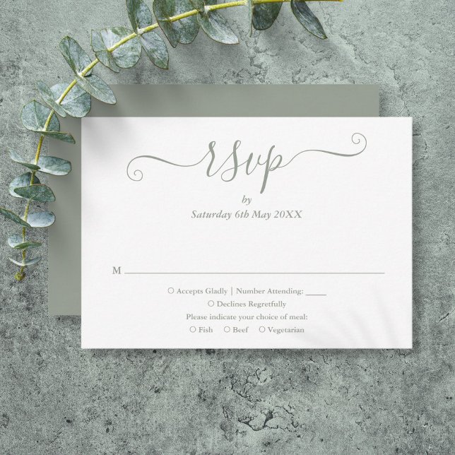 Cartons Réponse Script vert simple et élégant (Simple Elegant Sage Green Script RSVP Card)