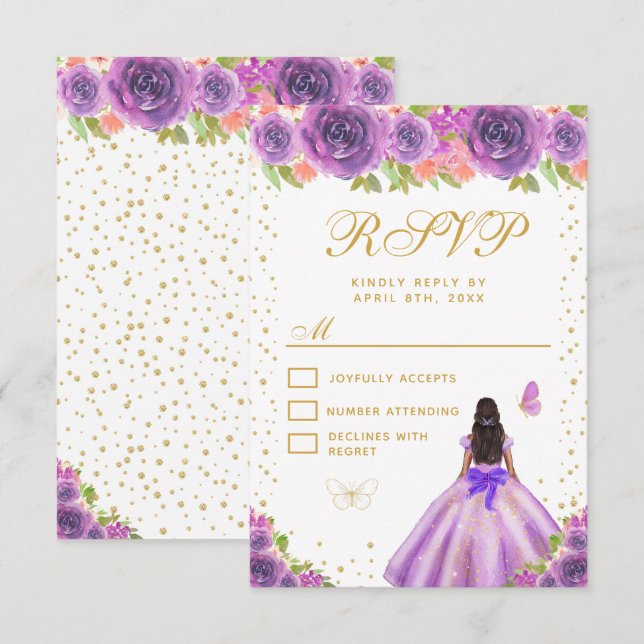 Cartons Réponse Seize ans Fleur Violette Princesse à la Peau Foncé (Devant / Derrière)