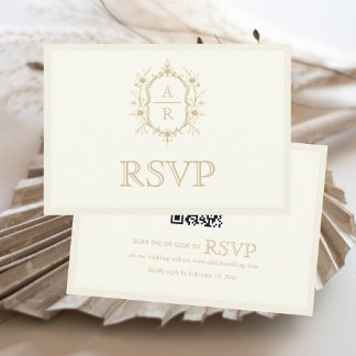 Cartons Réponse Sepia floral crest monogram QR code wedding
