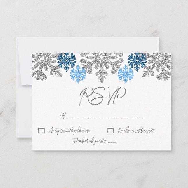 Cartons Réponse Silver Blue Snowflakes Mariage d'hiver (Devant)