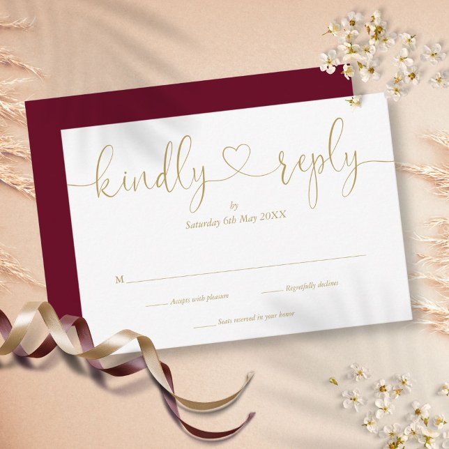 Cartons Réponse Simple Burgundy Et Gold Script Heart Répondre Kind (Simple Burgundy And Gold Script Heart Kindly Reply RSVP Card)