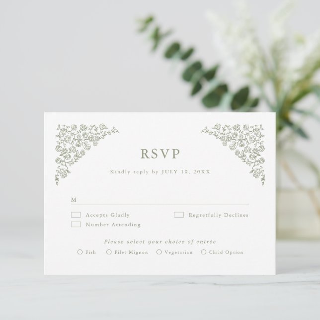 Cartons Réponse Simple Delicate Floral Timeless Sage Mariage vert (Debout devant)