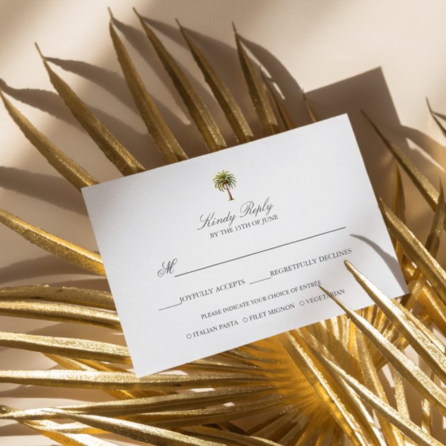 Cartons Réponse Simple Elegant Aquarelle Palm option repas (ELEGANT MINIMAL WATERCOLOR PALM TREE TROPICAL WEDDING RSVP WITH MEAL OPTION. EXOTIC ISLAND OR BEACH )