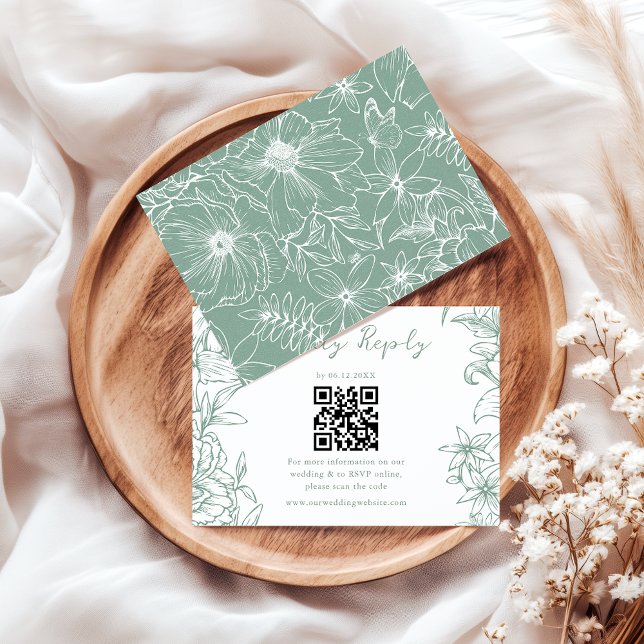 Cartons Réponse Simple Élégant Code QR Fleurs Vert Sauge Mariage (Créateur téléchargé)