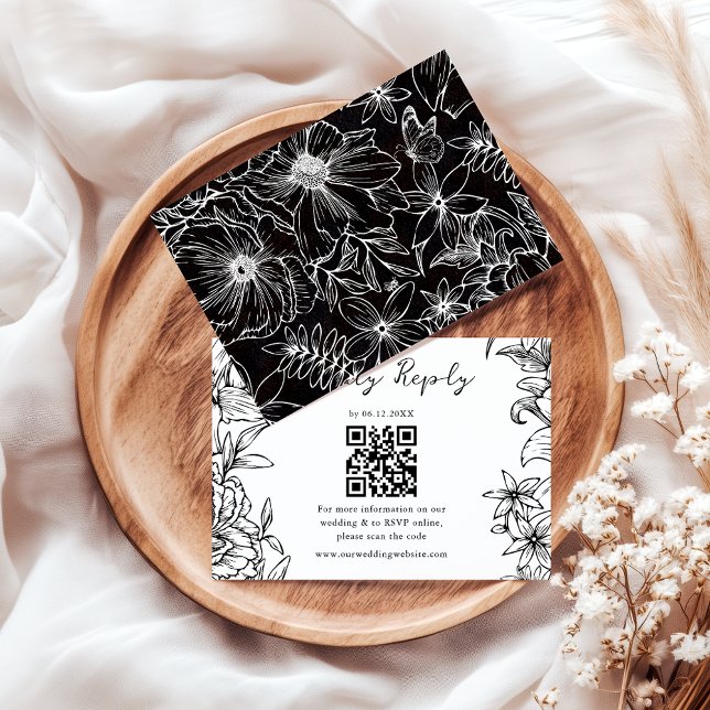 Cartons Réponse Simple Élégant Code QR Floral Noir Blanc Mariage (Créateur téléchargé)