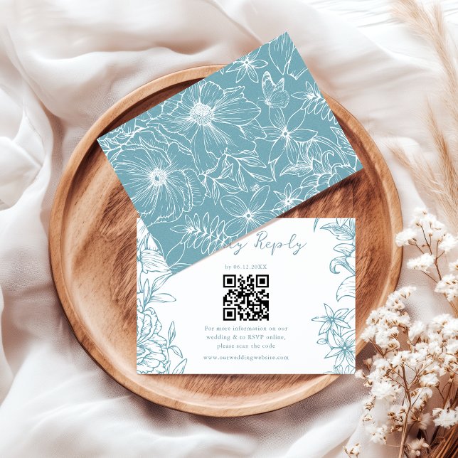 Cartons Réponse Simple Elegant Dusty Blue Floral QR Code Wedding (Créateur téléchargé)