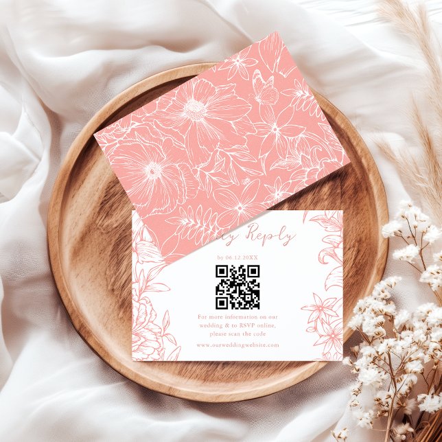 Cartons Réponse Simple Elegant Dusty Pink Floral QR Code Wedding (Créateur téléchargé)