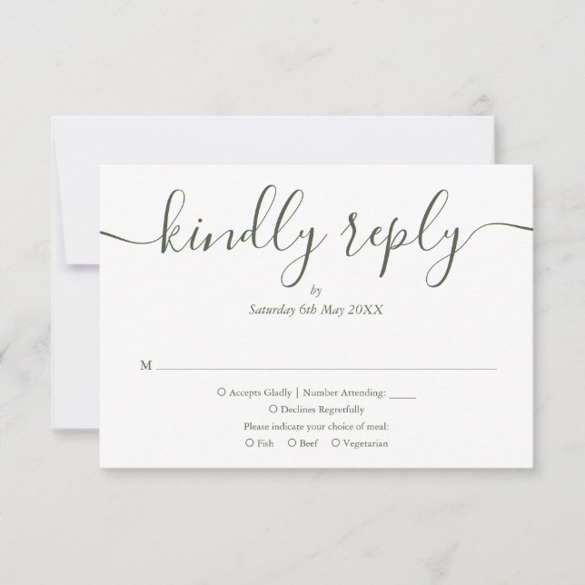 Cartons Réponse Simple Élégant Script Olive Verte Photo Mariage (Devant)
