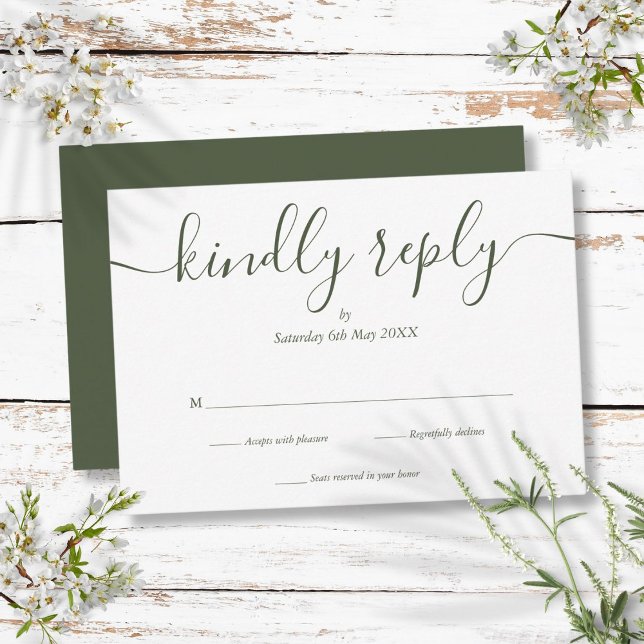 Cartons Réponse Simple Élégant Script Vert olive (Simple Elegant Script Olive Green RSVP Card)