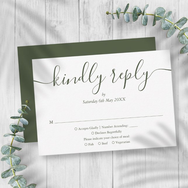 Cartons Réponse Simple Élégant Script Vert Olive Mariage (Simple Elegant Script Olive Green Wedding RSVP Card)