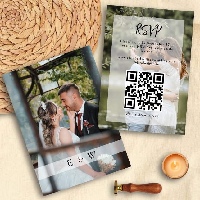 Cartons Réponse Simple élégante superposition photo code QR Mariag (Simple Elegant Photo Overlay QR code Wedding RSVP)