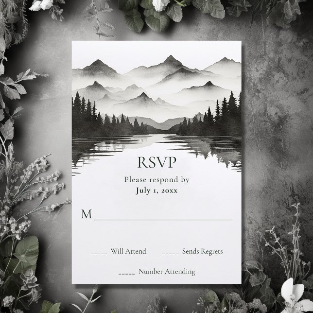 Cartons Réponse Simple Mariage Black and White Mountain Lake (Front - Simple Black and White Mountain Lake Wedding RSVP Card)
