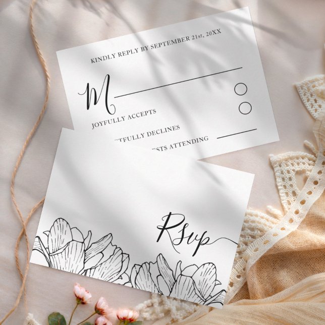 Cartons Réponse Simple Mariage Botanique Noir & Blanc (Créateur téléchargé)