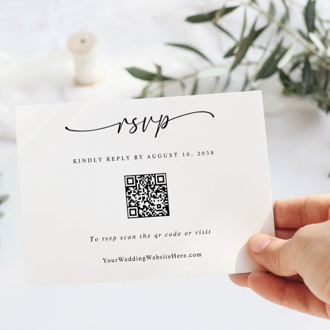 Cartons Réponse Simple Mariage Moderne Code QR Cœur (Simple Modern Wedding RSVP Card with QR Code and Fun Handwriting and Hand Drawn Heart on the Back)