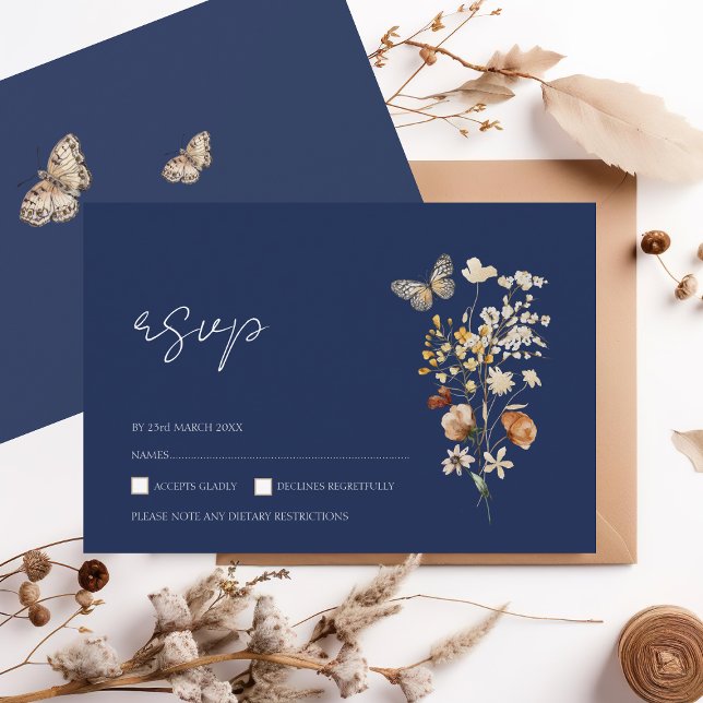 Cartons Réponse Simple Marine Bleu Automne Fleur sauvage Mariage (Créateur téléchargé)