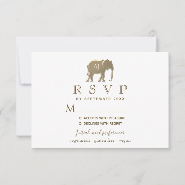 Cartons Réponse Simple Moderne Blanc & Or Éléphant Mariage (Devant)