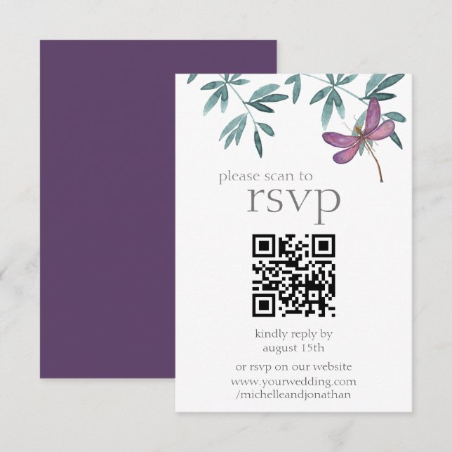 Cartons Réponse Simple moderne Dragonfly Greenery Mariage QR Code (Devant / Derrière)