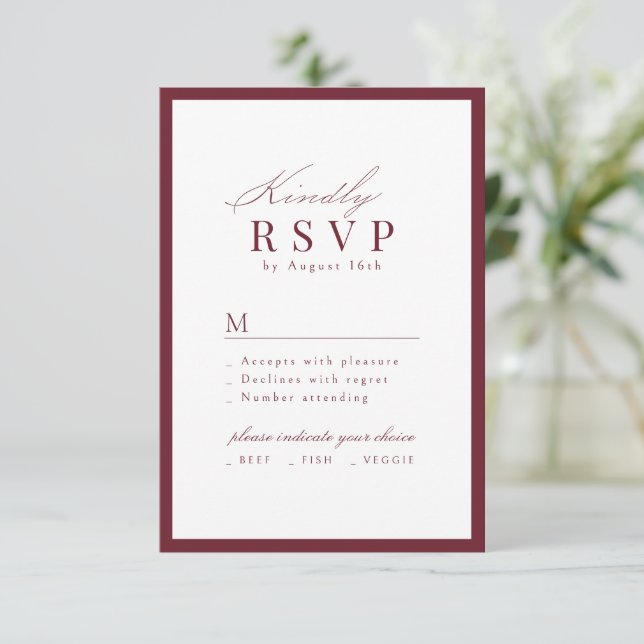 Cartons Réponse Simple Script Élégant Mariage Code QR Bourgogne (Debout devant)