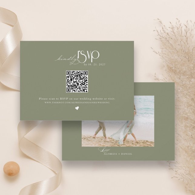 Cartons Réponse Site Web de Mariage avec Code QR Vert Sauge Minima (Créateur téléchargé)