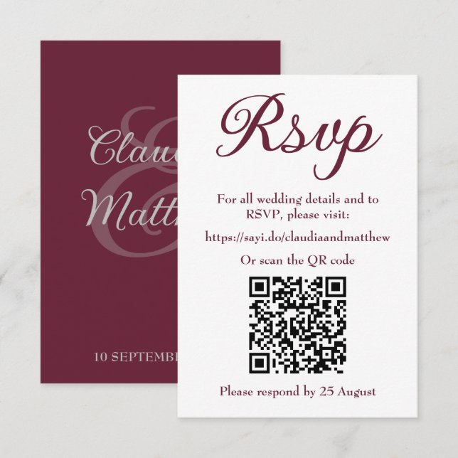 Cartons Réponse Site Web de Mariage Rouge Sombre avec Code QR pour (Devant / Derrière)