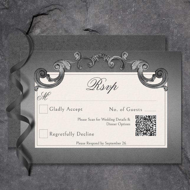 Cartons Réponse Skeletons sombres gothiques et Rose Coeur Mariage  (Gothic Dark Skeletons & Rose Heart Wedding QR Code RSVP Card)